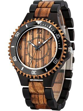 Men's Brown Quartz Ebony Zebra Fold over Clasp Wood Strap Round Wooden Watch